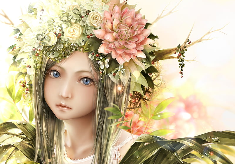 Beauty Bouno Satoshi Luminos Manga Fantasy Girl Green Anime Flower Pink Hd Wallpaper