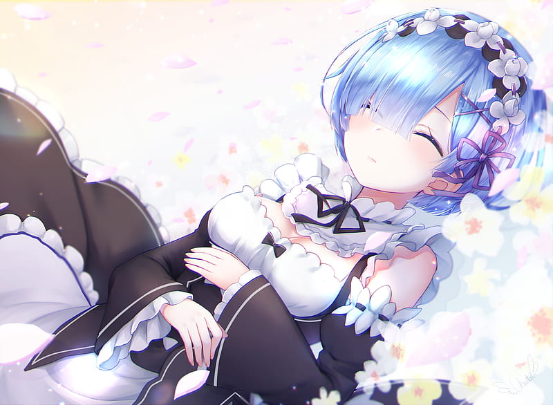 Anime, Re:ZERO -Starting Life in Another World-, Blue Hair, Maid, Rem (Re:ZERO), Short Hair, Sleeping, HD wallpaper