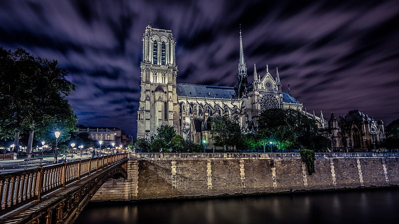 notre dame cathedral by the seine river r, cathedral, bridge, tower, river, r, clouds, night, HD wallpaper