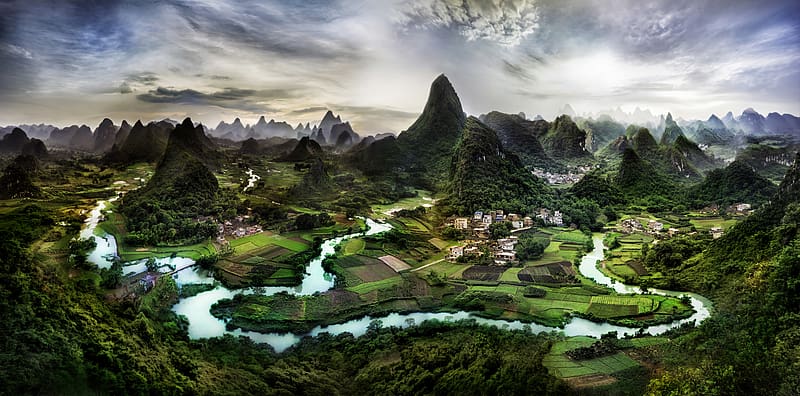 Landscape, Mountain, Forest, Field, Village, Cloud, China, River, , Nanling Mountains, Guanxi Zhuang, Li River, HD wallpaper