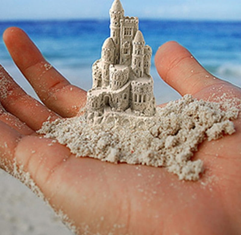 summer dream, sand, summer, hand, palm, dream, castle, HD wallpaper