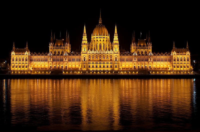 Night, Architecture, Monuments, Building, Reflection, Light, Hungary, Budapest, Monument, Dome, Parliament, , Hungarian Parliament Building, HD wallpaper