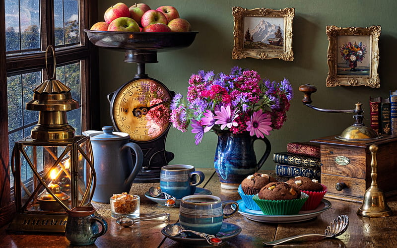 Still Life with Coffee, muffins, flowers, coffee, apples, still life, HD wallpaper