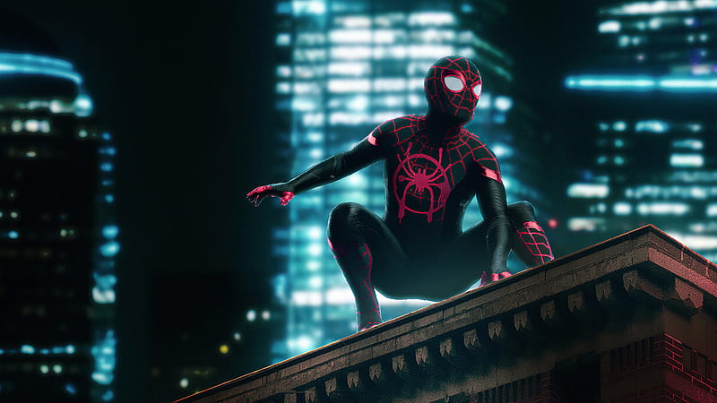 Black Red Suit Spiderman In Buildings Background Spiderman, HD wallpaper