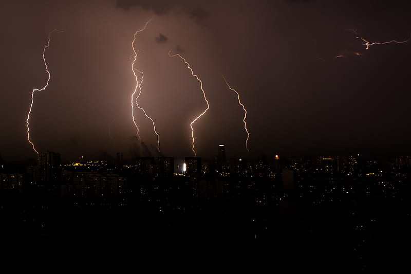 thunderstorm, lightning, flashes, night, city, dark, HD wallpaper