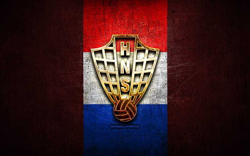 Croatia National Football Team, golden logo, Europe, UEFA, green metal background, Croatian football team, soccer, HNS logo, football, Croatia, HD wallpaper