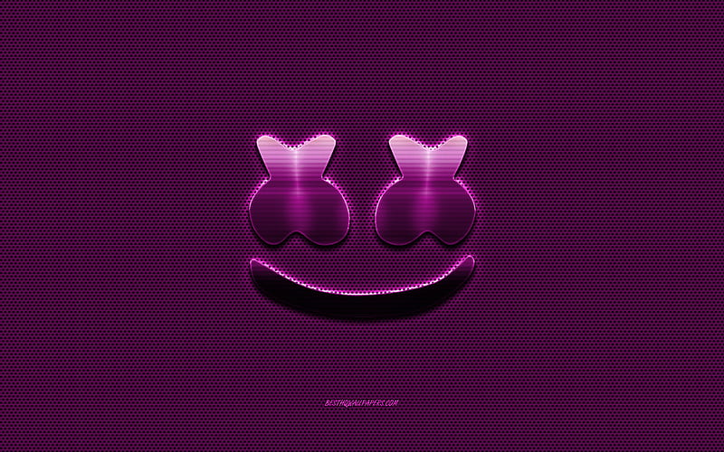 Marshmello logo, purple metal logo, purple metal mesh, American DJ, creative art, Marshmello, emblem, brands, HD wallpaper
