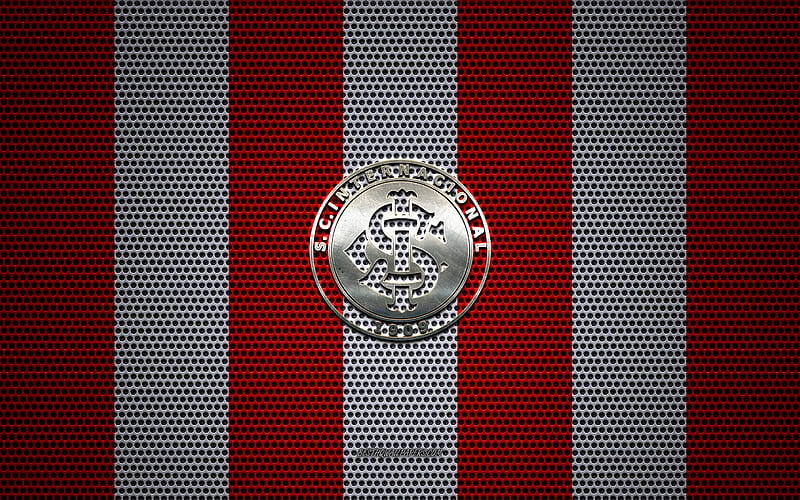 SC Internacional logo, Brazilian football club, metal emblem, red and white metal mesh background, SC Internacional, Serie A, Porto Alegre, Brazil, football, Inter RS, HD wallpaper