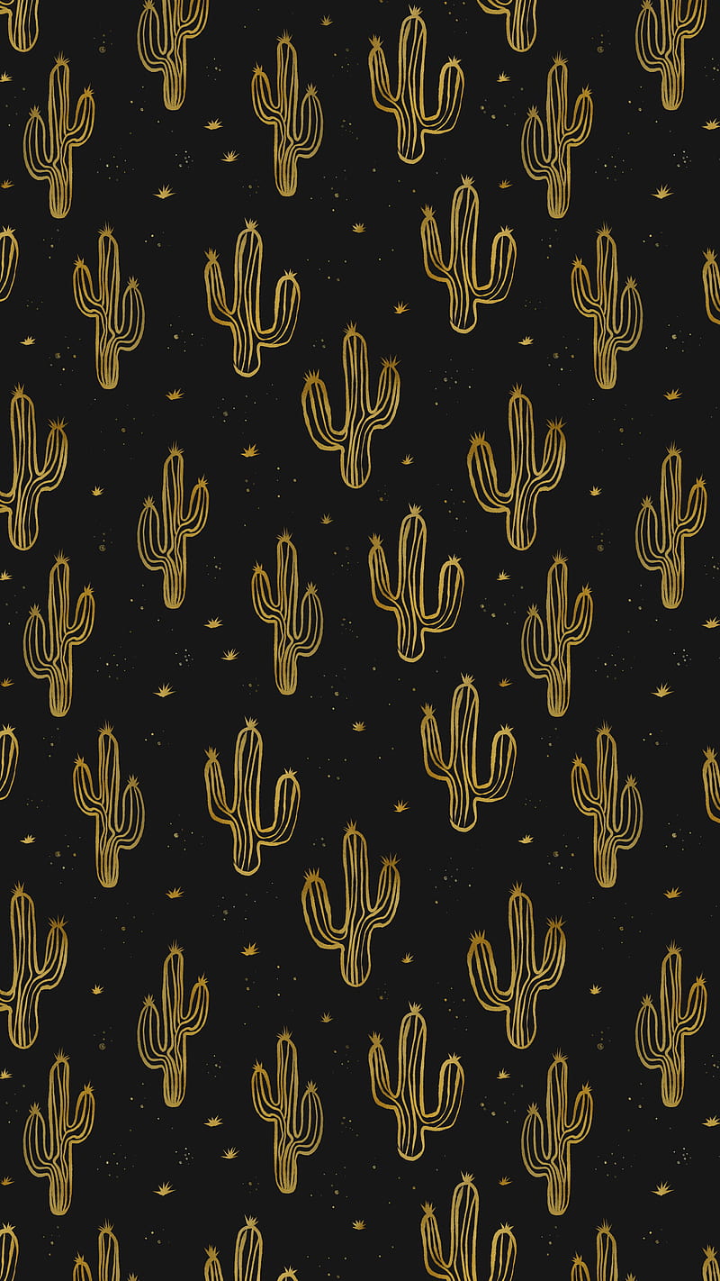 Golden Cacti, cactus, cactuses, cute, desert, drawing, gold, saguaro, HD phone wallpaper