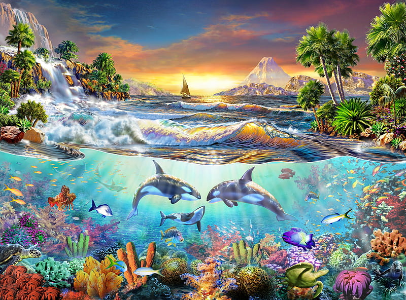 Sealife, vara, water, fantasy, luminos, fish, adrian chesterman, summer, dolphin, HD wallpaper