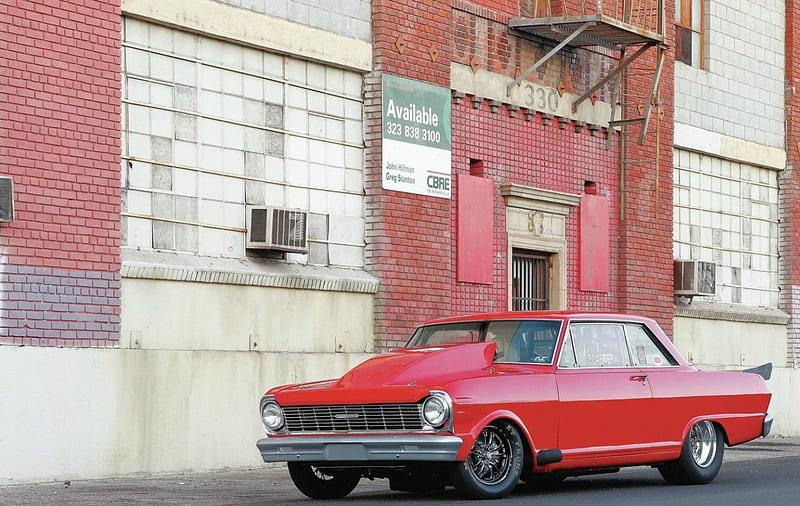 1965-Chevrolet-Nova, Red, GM, Bowtie, Cowl Hood, HD wallpaper