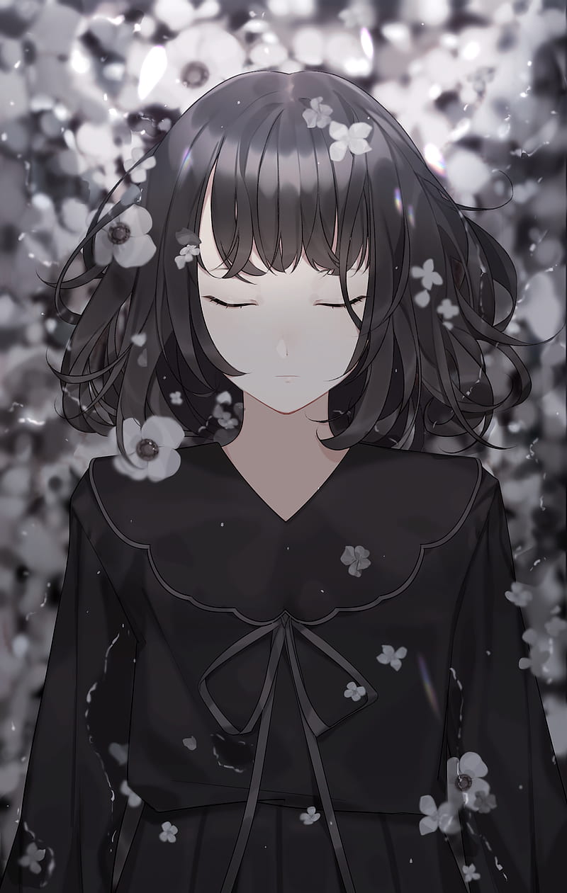 anime girl, sleeping, black hair, school uniform, white flowers, Anime, HD phone wallpaper