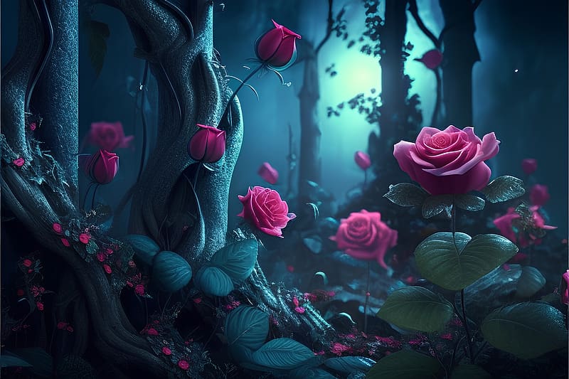 Dark fantasy forest, Fog, Roses, Mysterious, Trees, HD wallpaper | Peakpx