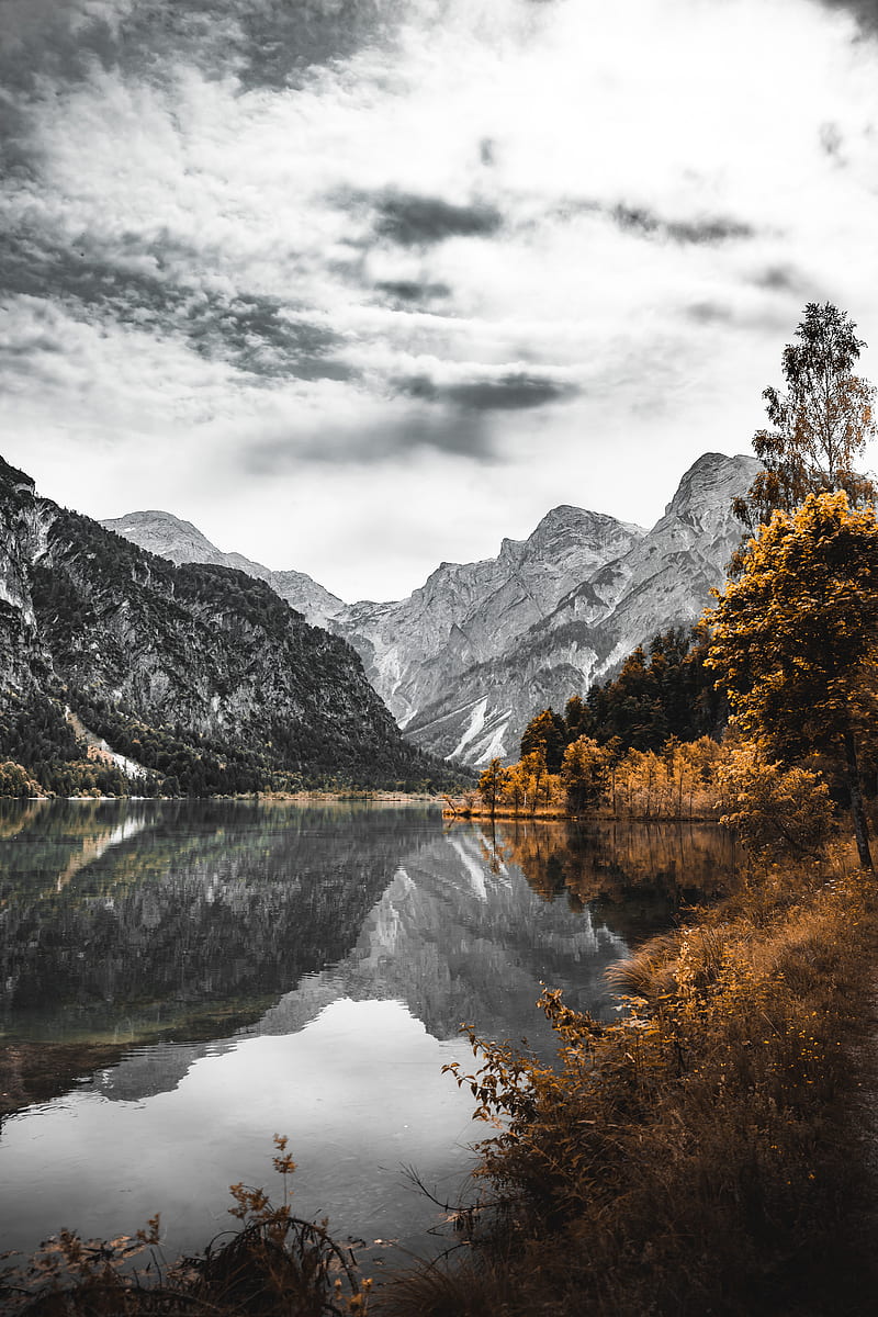 mountains, lake, shore, trees, nature, HD phone wallpaper