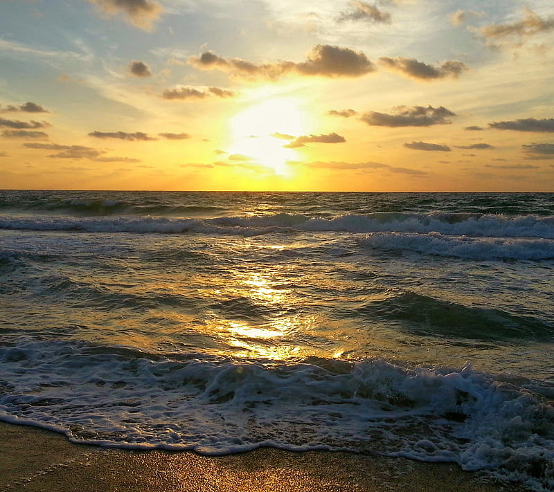 Florida Sunset, beach, clouds, ocean, sand, sky, sunrise, waves, HD wallpaper
