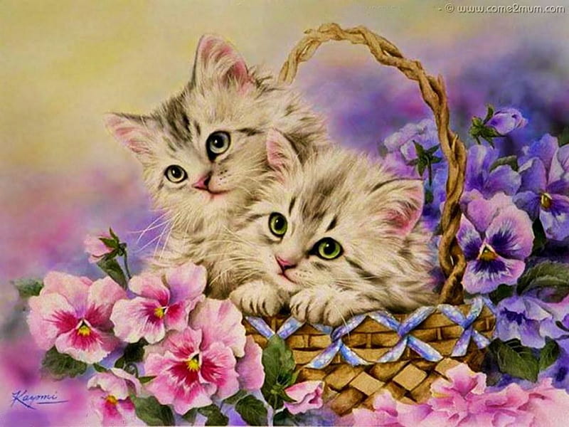 Dulces gatitos, cesta, pintura, Flores, Flores, Gatos, Obra de arte, Fondo  de pantalla HD | Peakpx