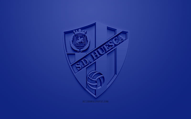 SD Huesca, creative 3D logo, blue background, 3d emblem, Spanish football club, La Liga, Huesca, Spain, 3d art, football, stylish 3d logo, Sociedad Deportiva Huesca, HD wallpaper