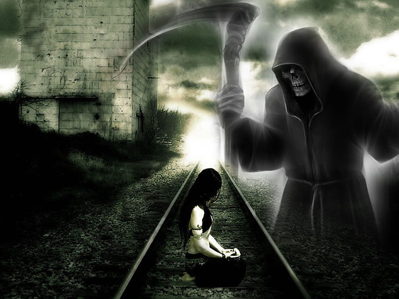 grim reaper, building, railway tracks, girl, clouds, sickle, HD wallpaper