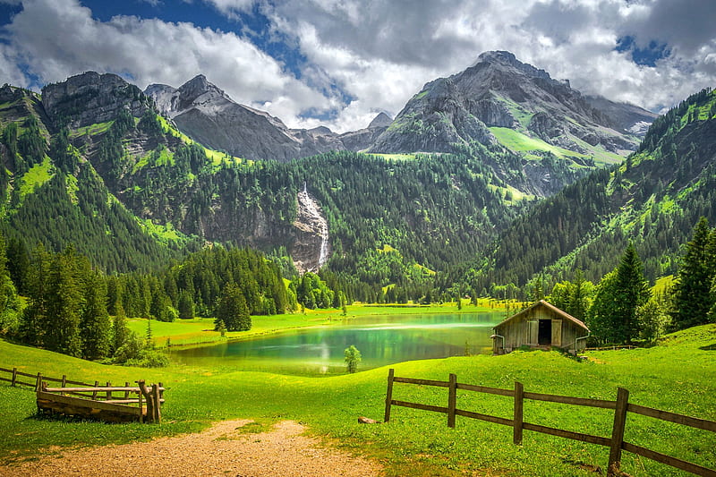 Beautiful Scene from the Gstaad Region of Switzerland, waterfall, switzerland, mountains, landscape, pasture, HD wallpaper
