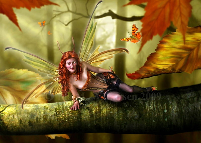 ~Butterfly in Autumn~, wings, models, lovely, redhead, colors, love four seasons, bonito, butterflies, creative pre-made, digital art, leaves, fantasy, weird things people wear, girls, butterfly designs, HD wallpaper