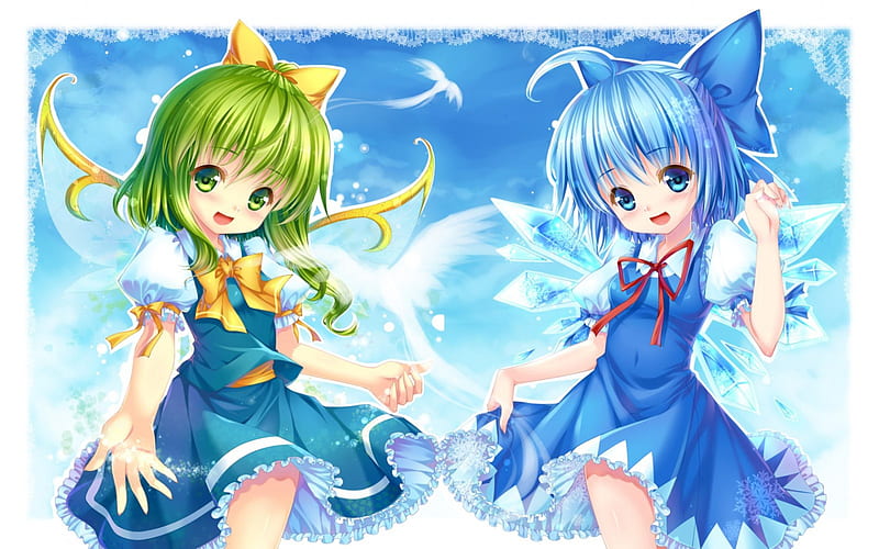 Cirno n Daiyousei, cirno, dress, green eyes, wing, anime, touhou, anime girl, long hair, blue eyes, fairy, female, ribbon, daiyousei, short hair, cute, kawaii, girl, blue hair, green hair, HD wallpaper