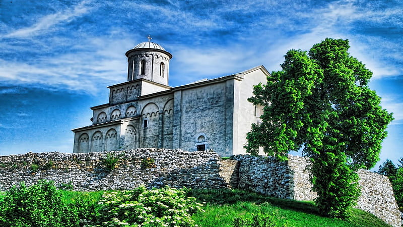 st ahilie church serbia r, stone wall, tree, r, church, HD wallpaper