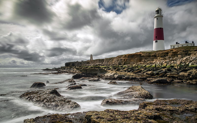 shore, isle of portland, wave, algae, lighthouse, dorset, rocks, uk, HD wallpaper