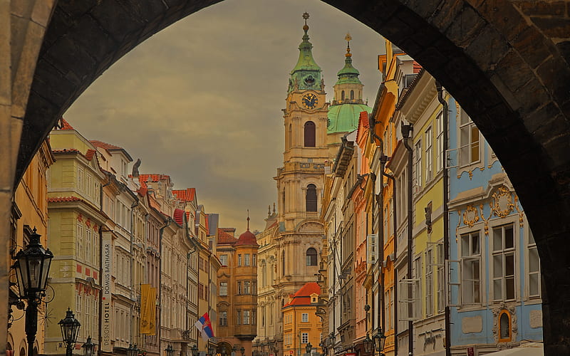 Mala Strana, Prague, evening, chapel, old buildings, Prague cityscape, Czech Republic, HD wallpaper