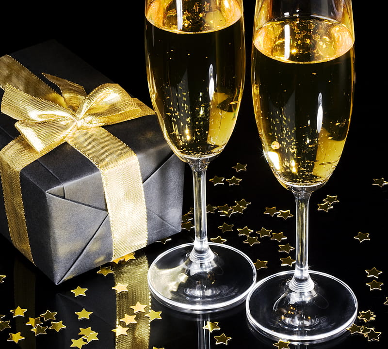 Happy New Year, pretty, glasses, bonito, magic, bow, xmas, graphy, gold, magic christmas, party, beauty, reflection, lovely, holiday, christmas, wine, ribbon, golden, christmas gift, new year, gift, glass, merry christmas, champagne, gifts, HD wallpaper
