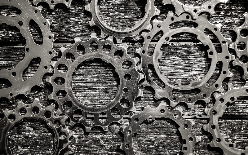 iron gears on a wooden background, mechanism concepts, gearwheels, iron gears, HD wallpaper