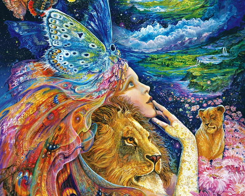 Fantasy, painting, lion, art, wings, luminos, orange, josephine wall, butterfly, girl, pink, blue, HD wallpaper