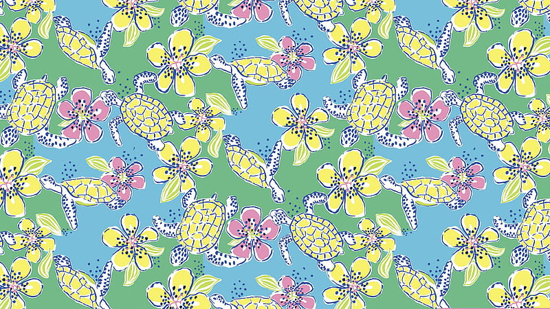 Yellow Pink Flowers Tortoise Leaves Blue Background Preppy, HD wallpaper