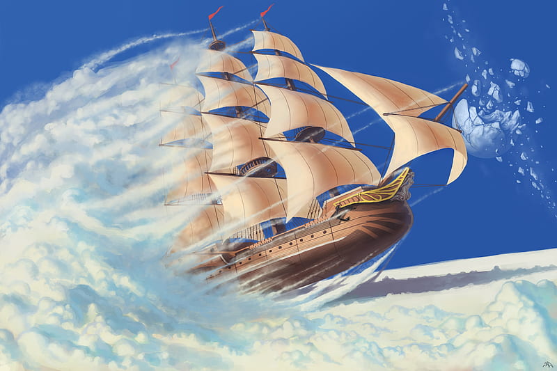 airship, clouds, clear sky, flying ship, Anime, HD wallpaper