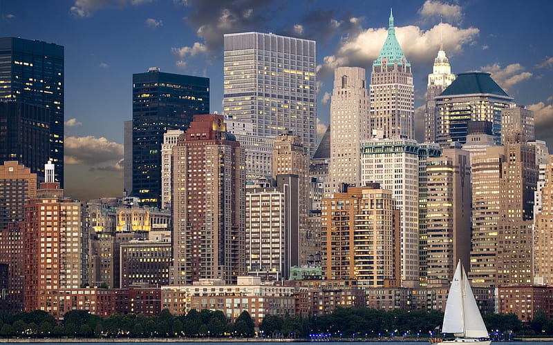 New York, evening, skyscrapers, urban panorama, Manhattan, USA, HD wallpaper