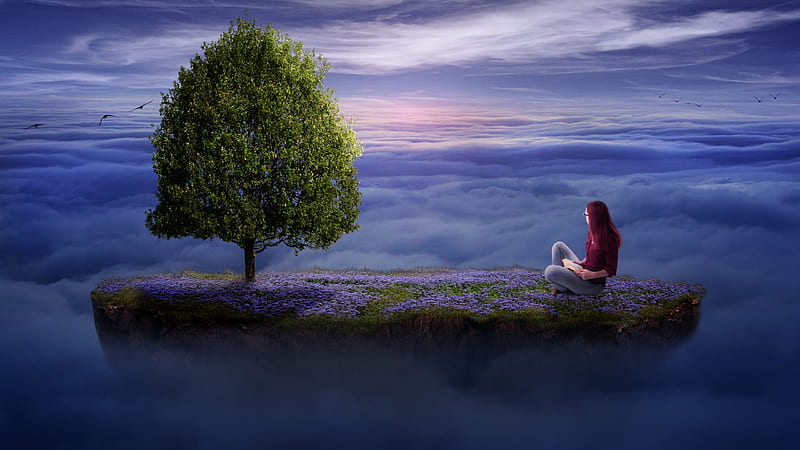 Alone, tree, fantasy, green, girl, island, creative, blue, HD wallpaper