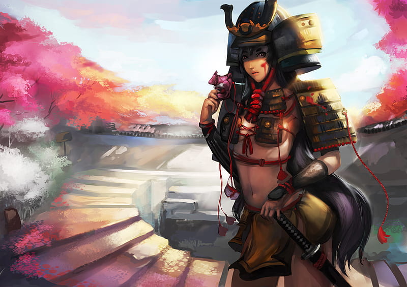 Last samurai, art, female, original, armor, samurai, katana, blossoms, mask, cherry, HD wallpaper