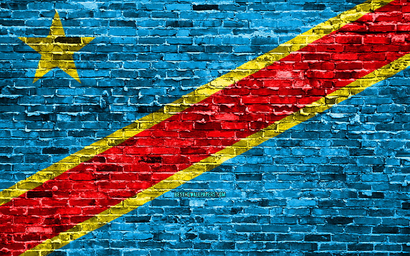 Democratic Republic of Congo flag, bricks texture, Africa, national symbols, Flag of DR Congo, brickwall, DR Congo 3D flag, African countries, DR Congo, HD wallpaper