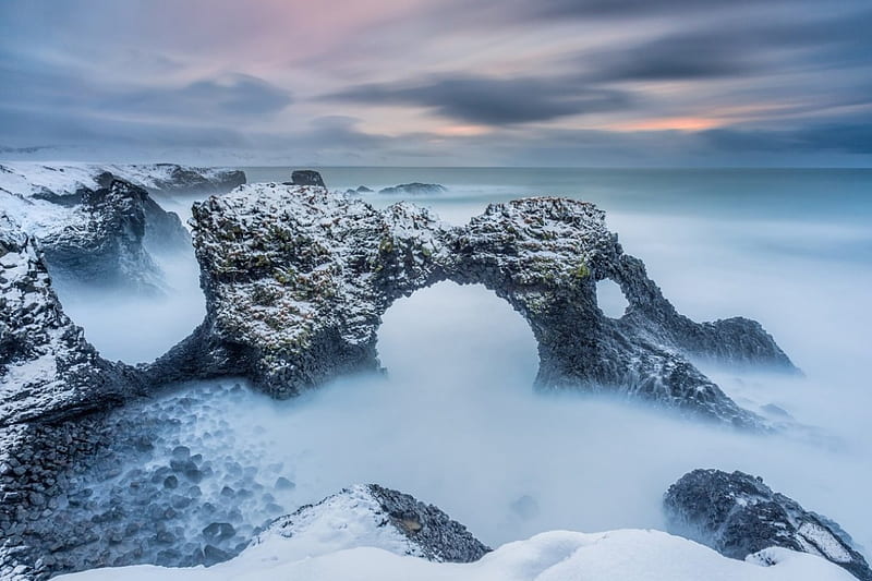 Iceland, Sea, Crag, Snow, Nature, Winter, HD wallpaper