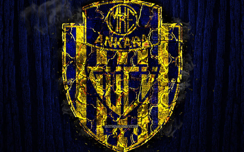 Ankaragucu FC, scorched logo, Super Lig, blue wooden background, turkish football club, grunge, MKE Ankaragucu, football, soccer, Ankaragucu logo, fire texture, Turkey, HD wallpaper