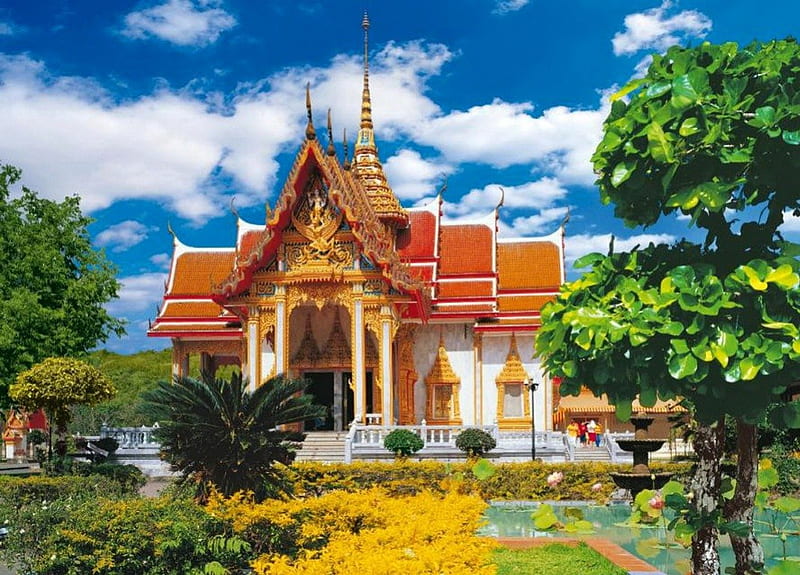 Vacation in Phuket, travel, bonito, nice, destination, temple, flowers, phuket, vacation, exotic, lovely, Thailand, sky, trees, lake, pond, summer, nature, HD wallpaper