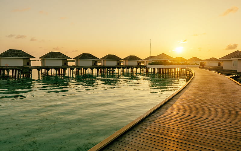 Maldives, evening, sunrise, ocean, bungalow, houses over water, tropical islands, summer travel, HD wallpaper