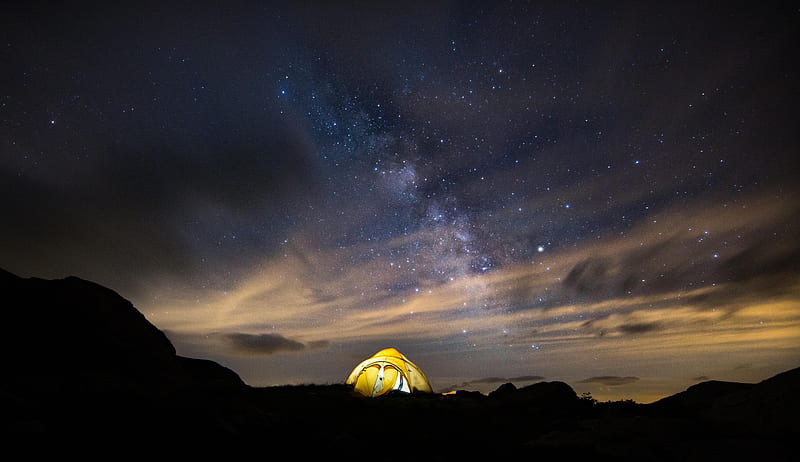 tent, starry sky, night, stars, HD wallpaper