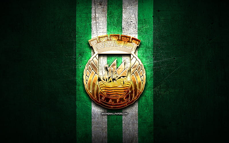 Rio Ave FC, golden logo, Primeira Liga, green metal background, football, Rio Ave, portuguese football club, Rio Ave logo, soccer, Portugal, HD wallpaper