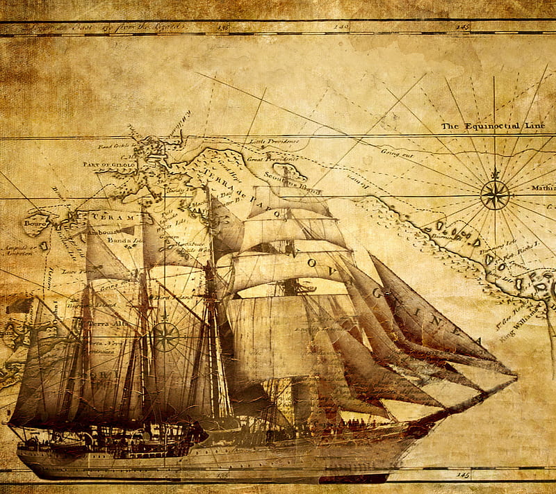 Old Map, ancient, antique, compass, map, old, rose, sailing, ship, vintage, HD wallpaper