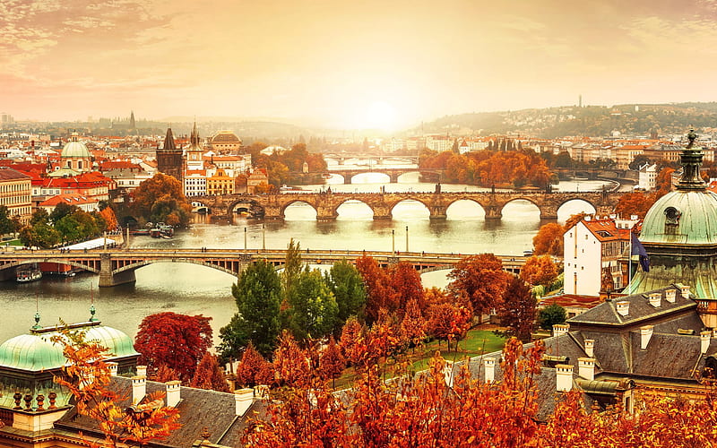 Praga, río, puente, otoño, república checa, Fondo de pantalla HD | Peakpx