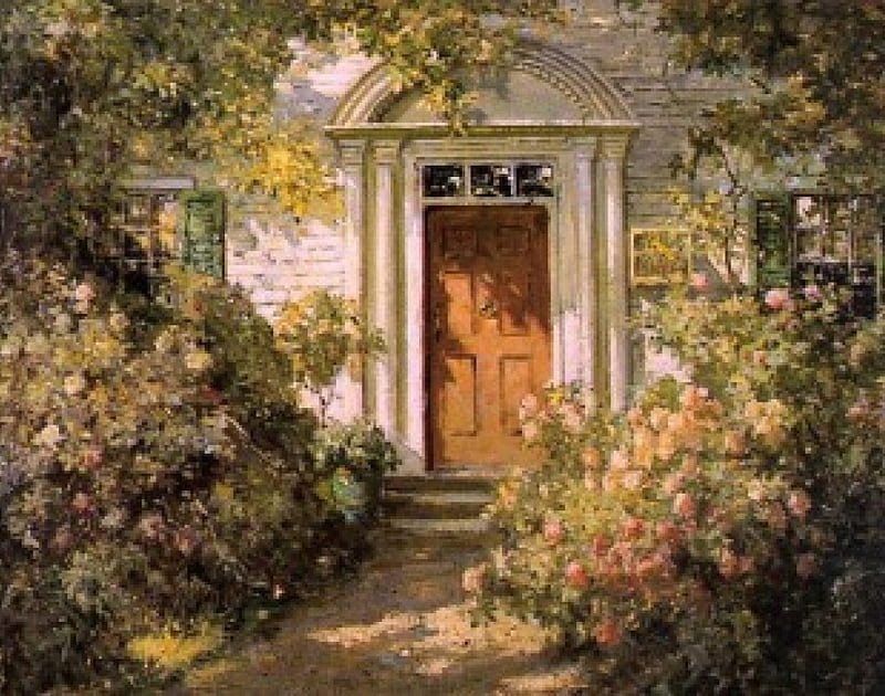 Grandmother's Doorway, doorway, architecture, painnting, house, HD wallpaper