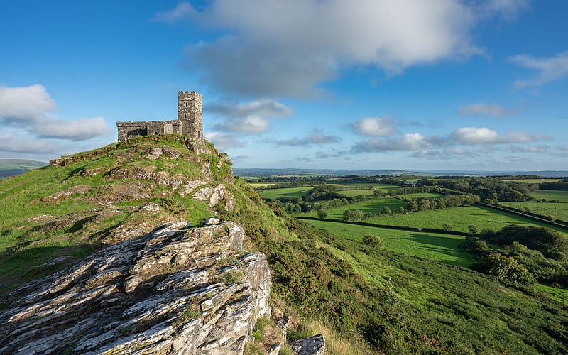 Brentor Castle, England, castle, England, mountain, ruins, fields, landscape, HD wallpaper