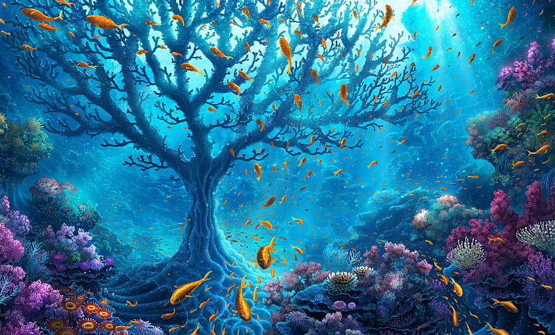 Underwater tree, underwater, luminos, fish, manga, yellow, coral, sea, tree, fantasy, water, anime, summer, pink, blue, HD wallpaper