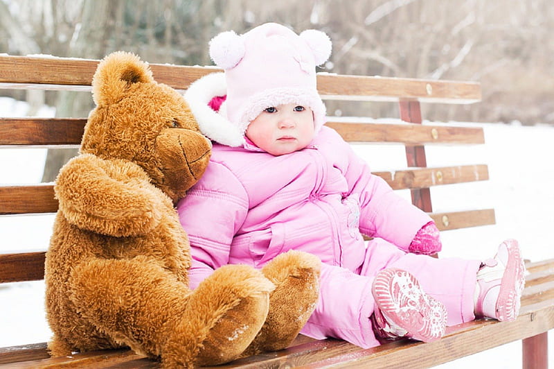 Girl and teddy bear, teddy, toy, bear, park, winter, graphy, nice, cool,  girl, HD wallpaper