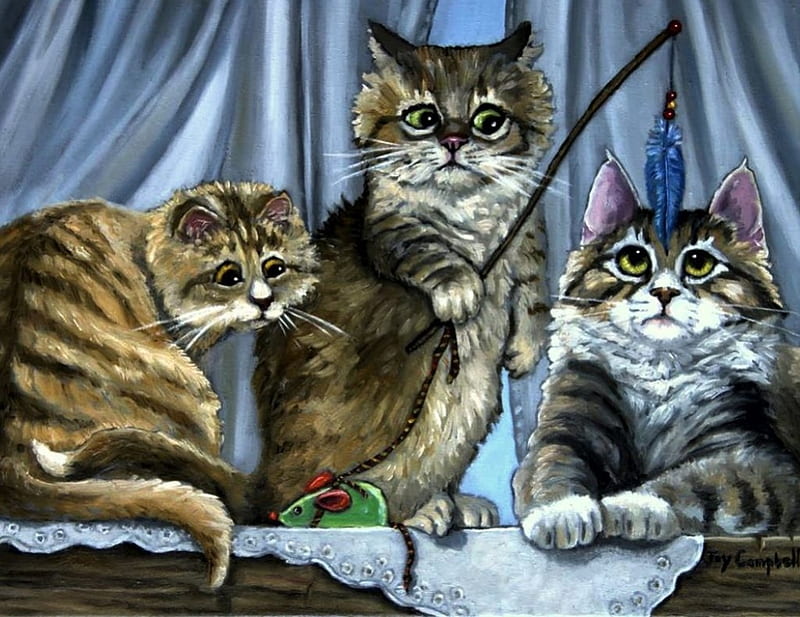 Auction, cute, painting, funny, cats, artwork, fishing, HD wallpaper